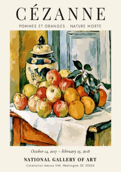 Cézanne Exhibition Poster featuring Pommes et Oranges with vibrant apples and oranges in a still life