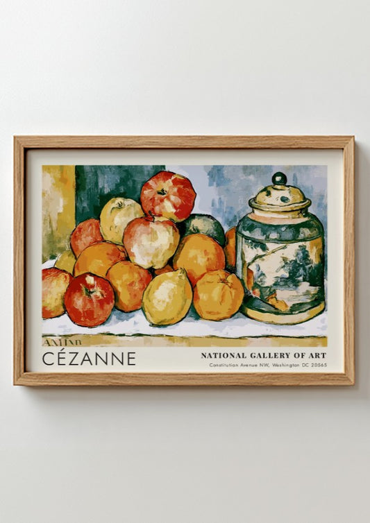 Wall art poster featuring Cézanne Pommes et Oranges still life with vibrant fruit arrangement