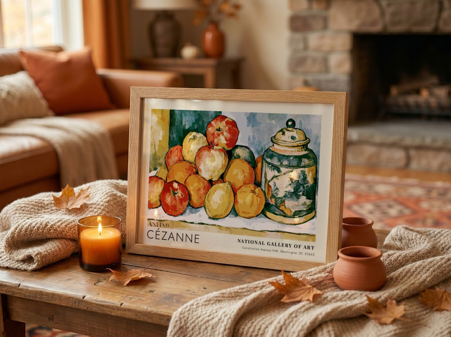 Wall art poster featuring Cézanne Pommes et Oranges still life with vibrant fruit arrangement