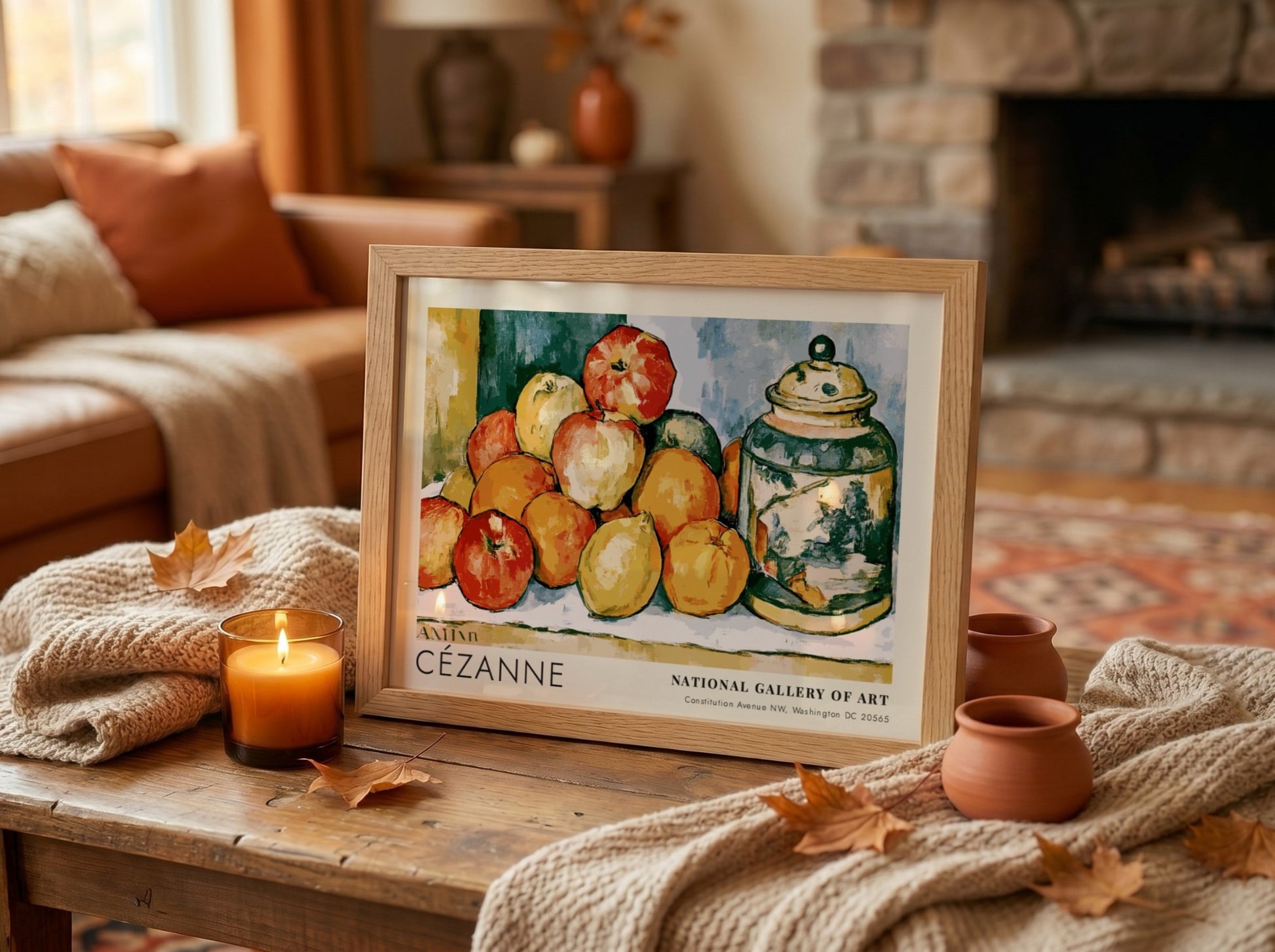 Wall art poster featuring Cézanne Pommes et Oranges still life with vibrant fruit arrangement