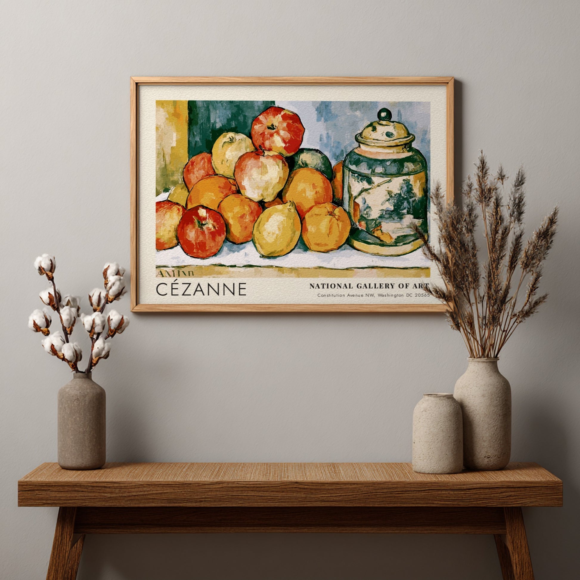 Wall art poster featuring Cézanne Pommes et Oranges still life with vibrant fruit arrangement