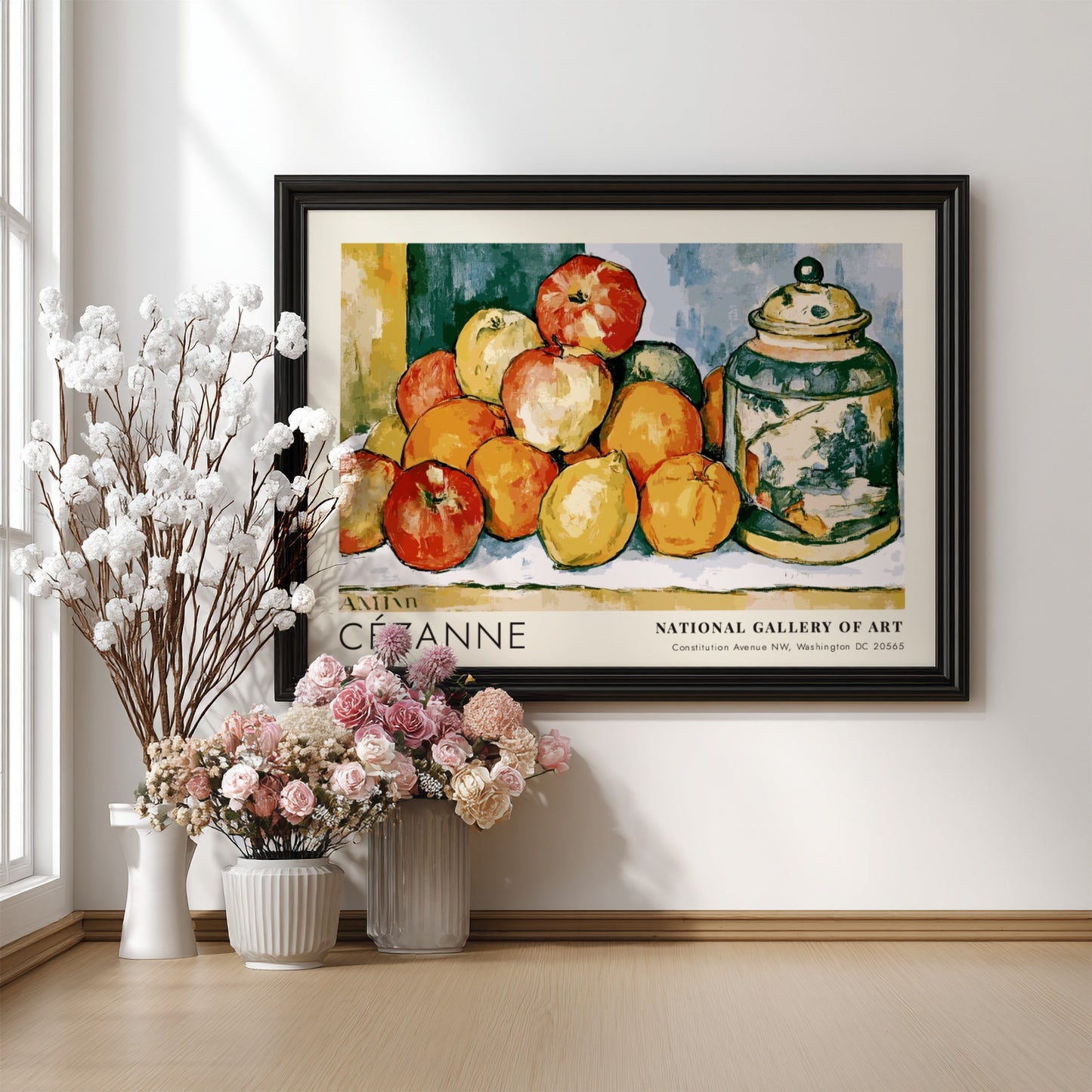 Wall art poster featuring Cézanne Pommes et Oranges still life with vibrant fruit arrangement