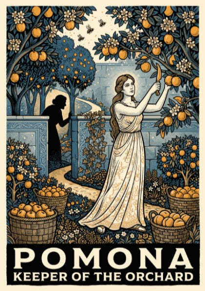 Poster of Pomona the Roman goddess harvesting oranges in a lush orchard garden