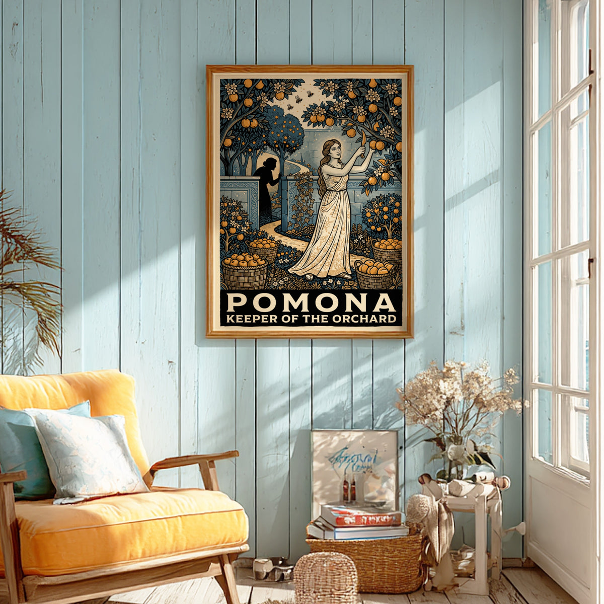 Poster of Pomona the Roman goddess harvesting oranges in a lush orchard garden