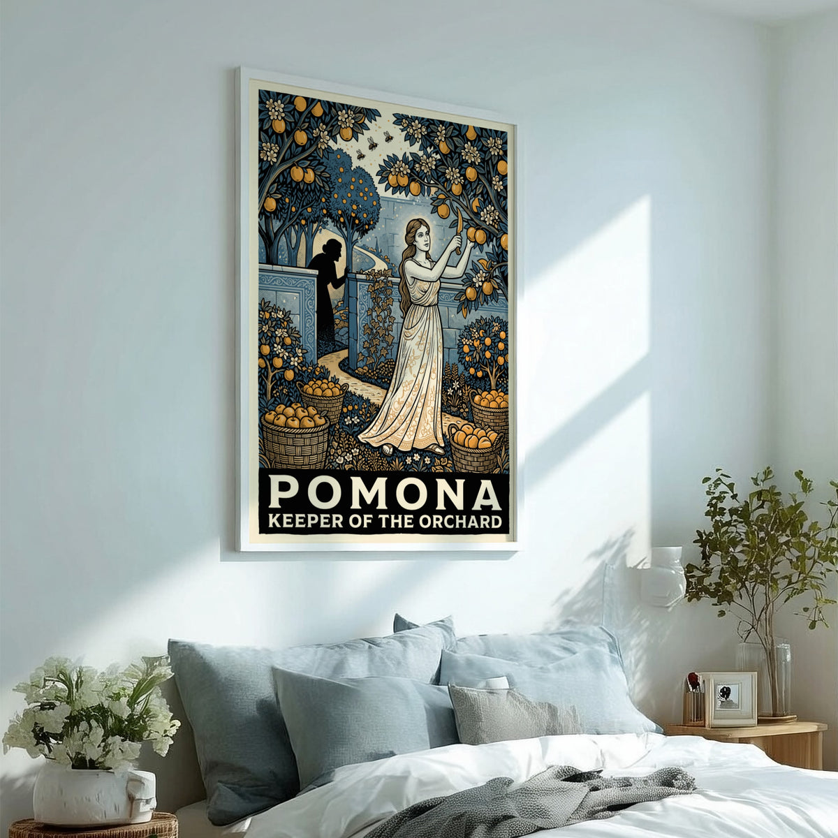 Poster of Pomona the Roman goddess harvesting oranges in a lush orchard garden