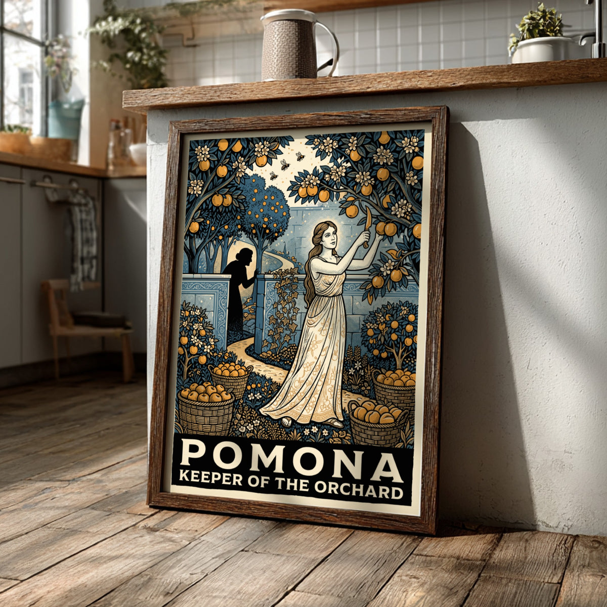 Poster of Pomona the Roman goddess harvesting oranges in a lush orchard garden