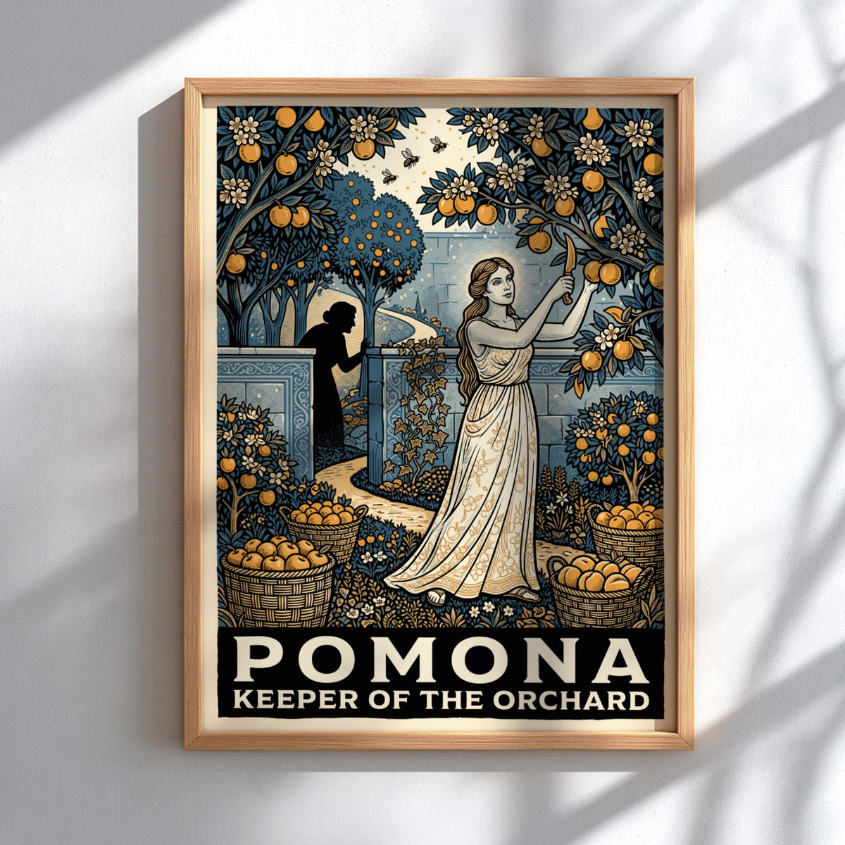Poster of Pomona the Roman goddess harvesting oranges in a lush orchard garden
