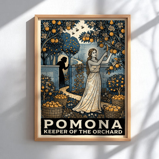 Poster of Pomona the Roman goddess harvesting oranges in a lush orchard garden