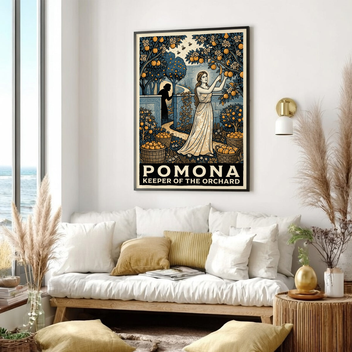 Poster of Pomona the Roman goddess harvesting oranges in a lush orchard garden