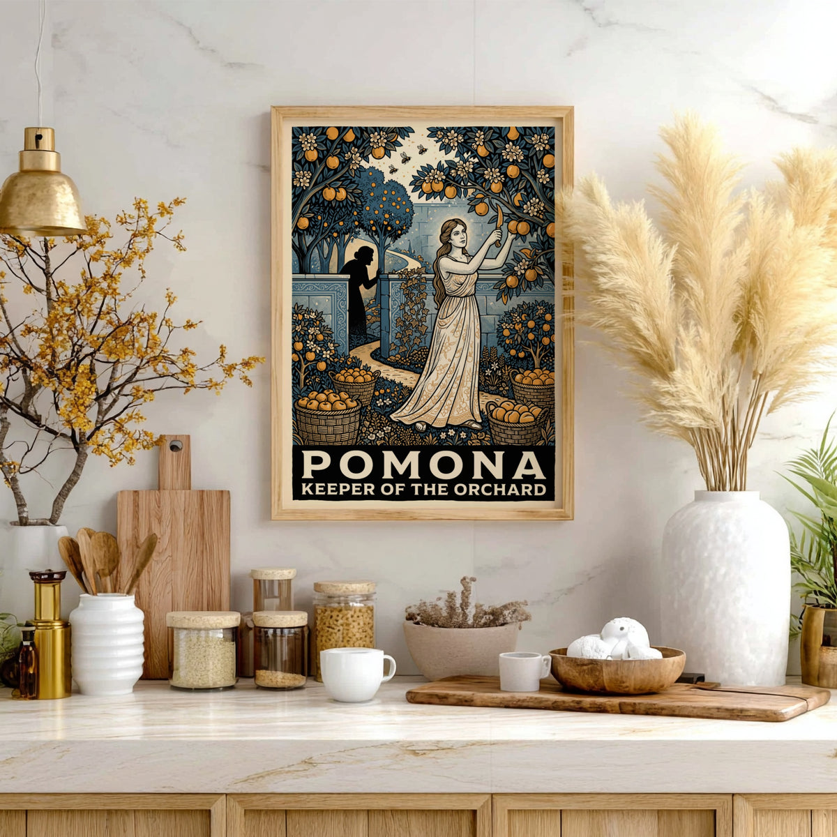 Poster of Pomona the Roman goddess harvesting oranges in a lush orchard garden
