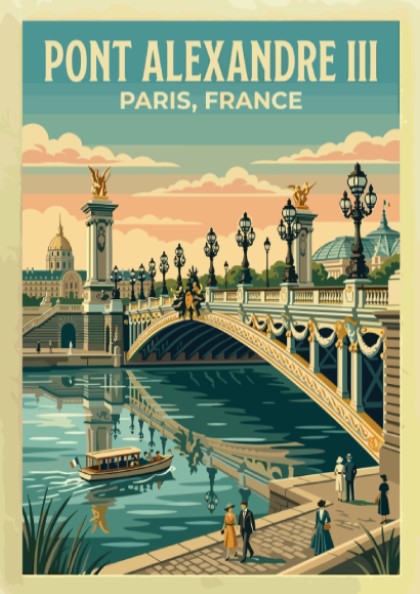 Vintage travel poster of Pont Alexandre III in Paris showcasing pastel colors and serene waters