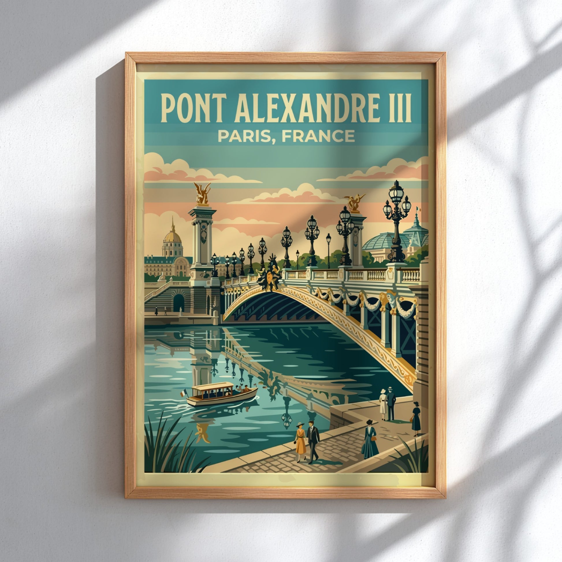 Vintage travel poster of Pont Alexandre III in Paris showcasing pastel colors and serene waters