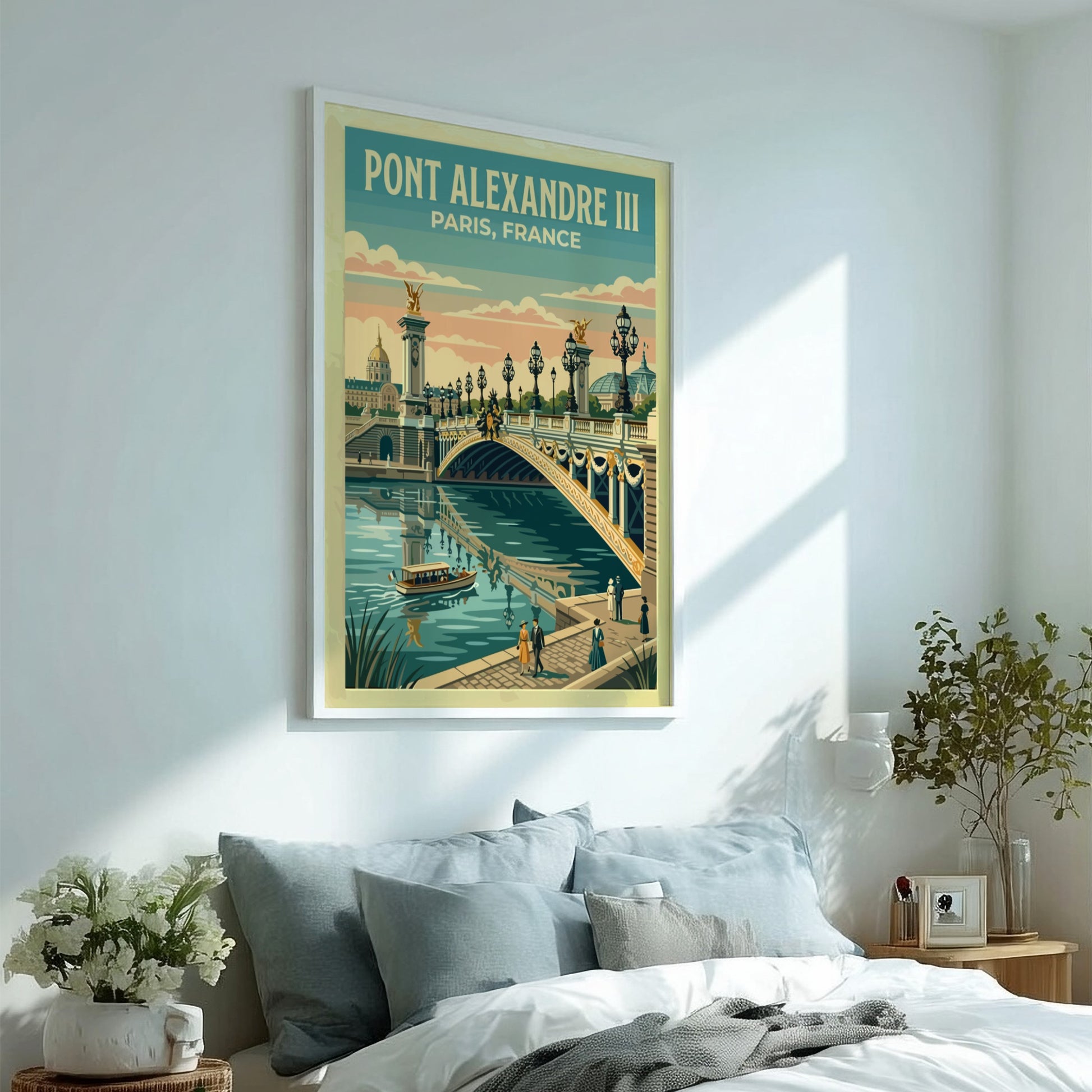 Vintage travel poster of Pont Alexandre III in Paris showcasing pastel colors and serene waters