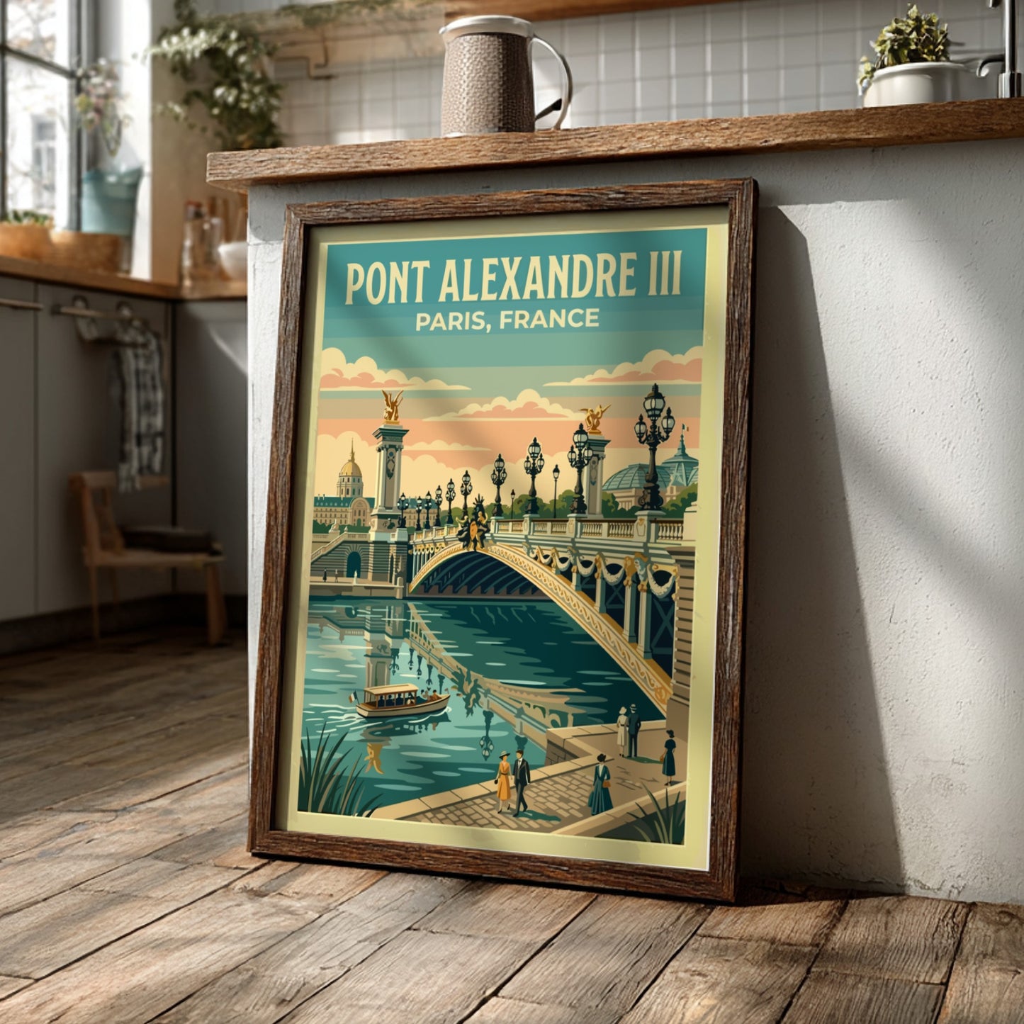 Vintage travel poster of Pont Alexandre III in Paris showcasing pastel colors and serene waters