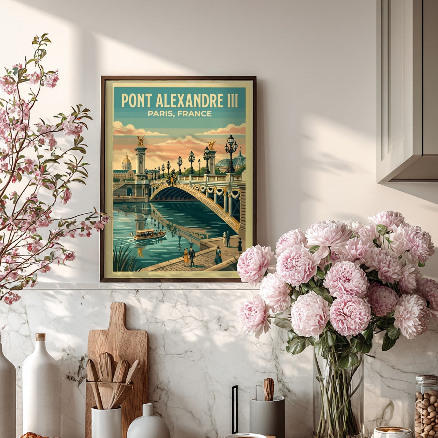 Vintage travel poster of Pont Alexandre III in Paris showcasing pastel colors and serene waters