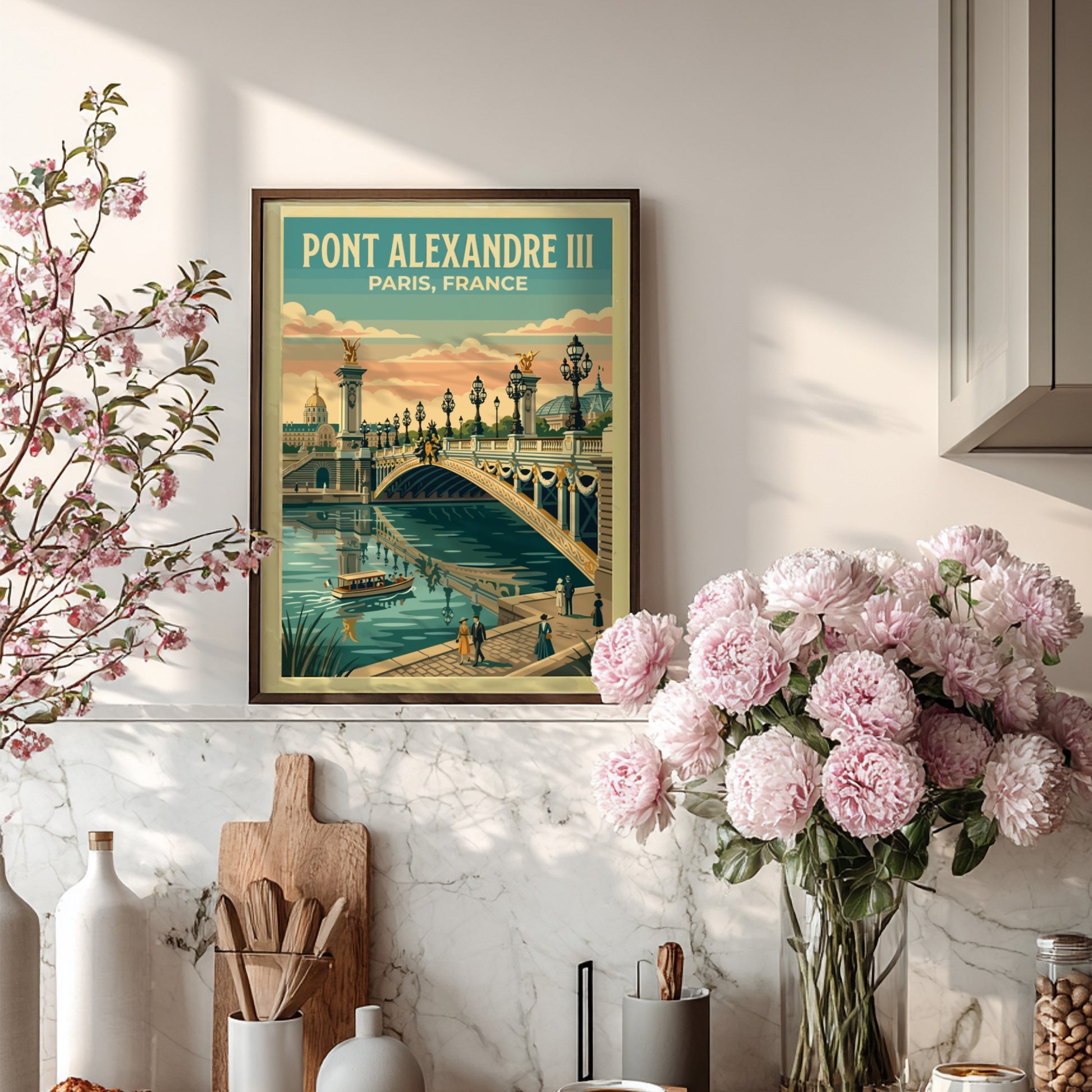 Vintage travel poster of Pont Alexandre III in Paris showcasing pastel colors and serene waters