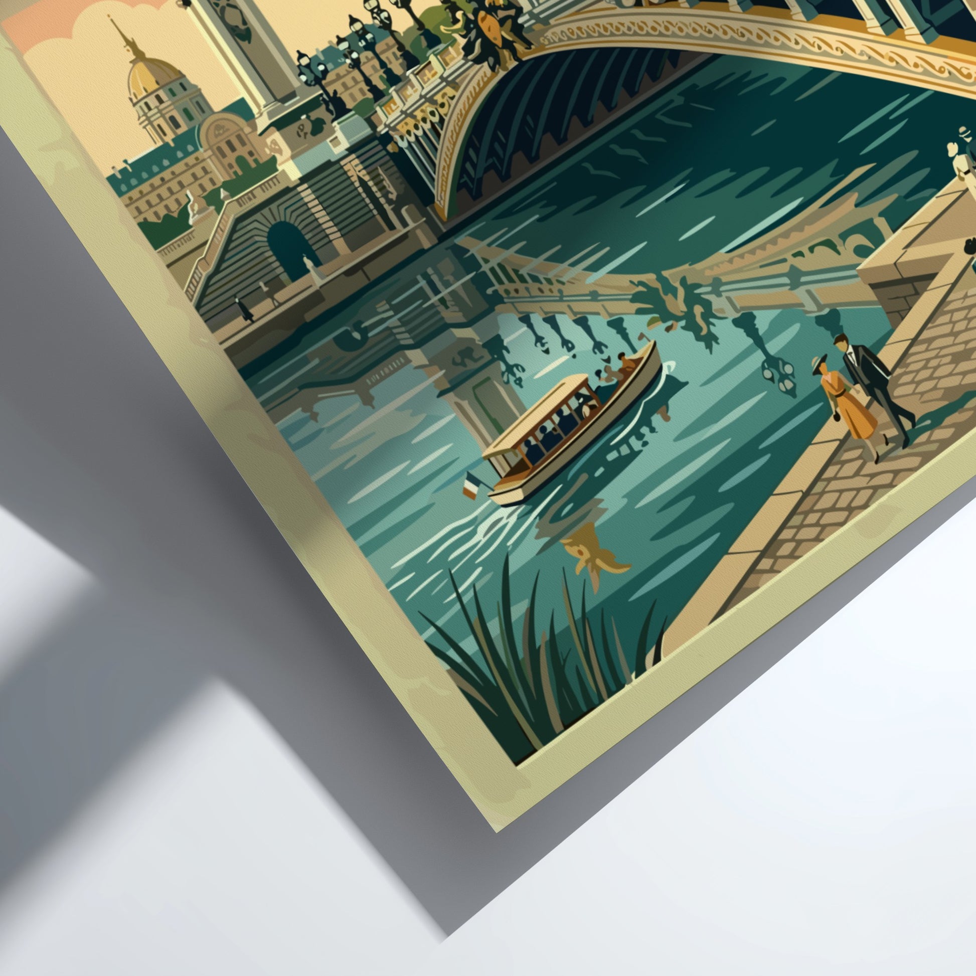 Vintage travel poster of Pont Alexandre III in Paris showcasing pastel colors and serene waters