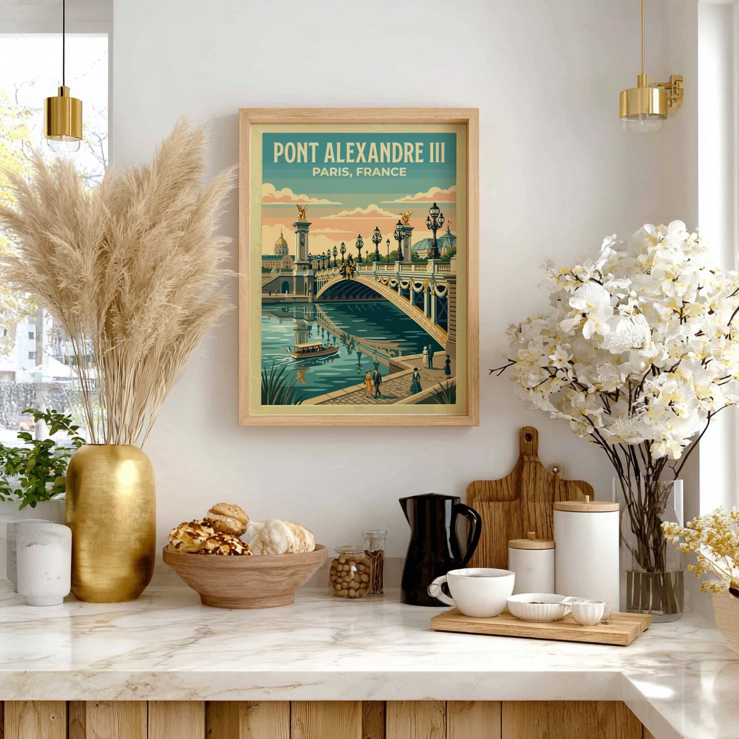 Vintage travel poster of Pont Alexandre III in Paris showcasing pastel colors and serene waters
