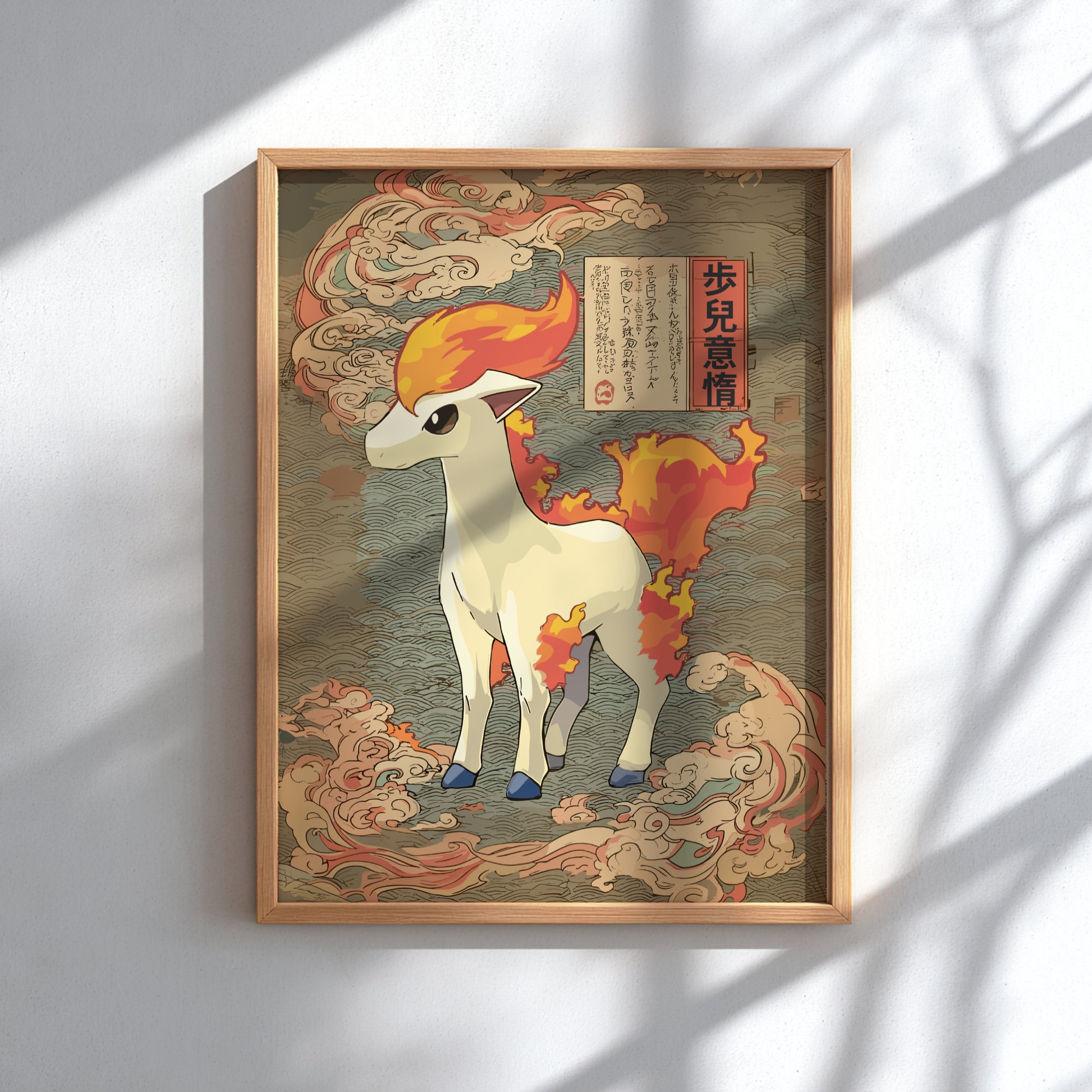 Framed artwork of Ponyta Pokemon on a textured background