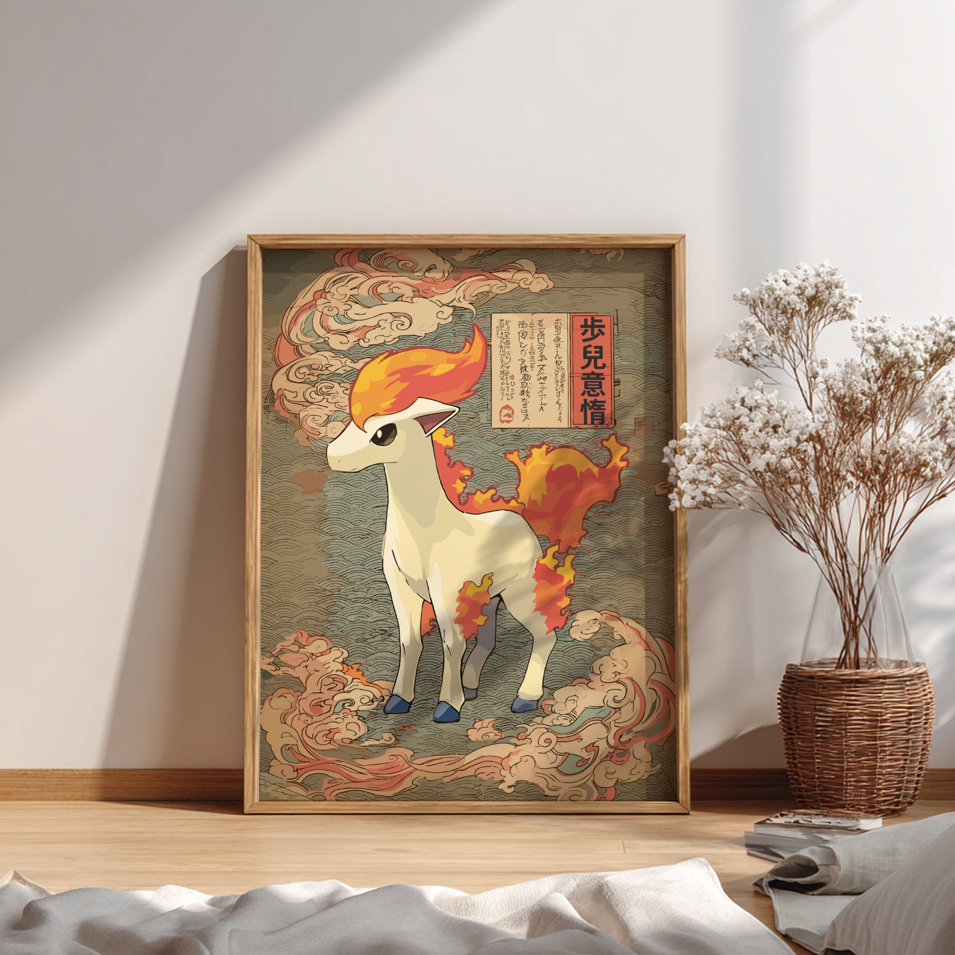 Framed artwork of Ponyta Pokemon on a wall in a room.