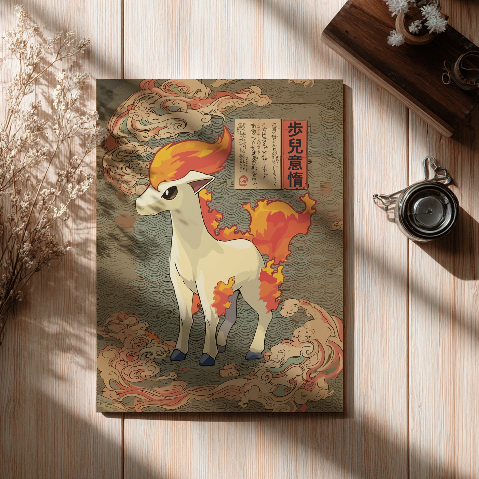 Canvas print of Ponyta Pokemon with flames on a wooden surface