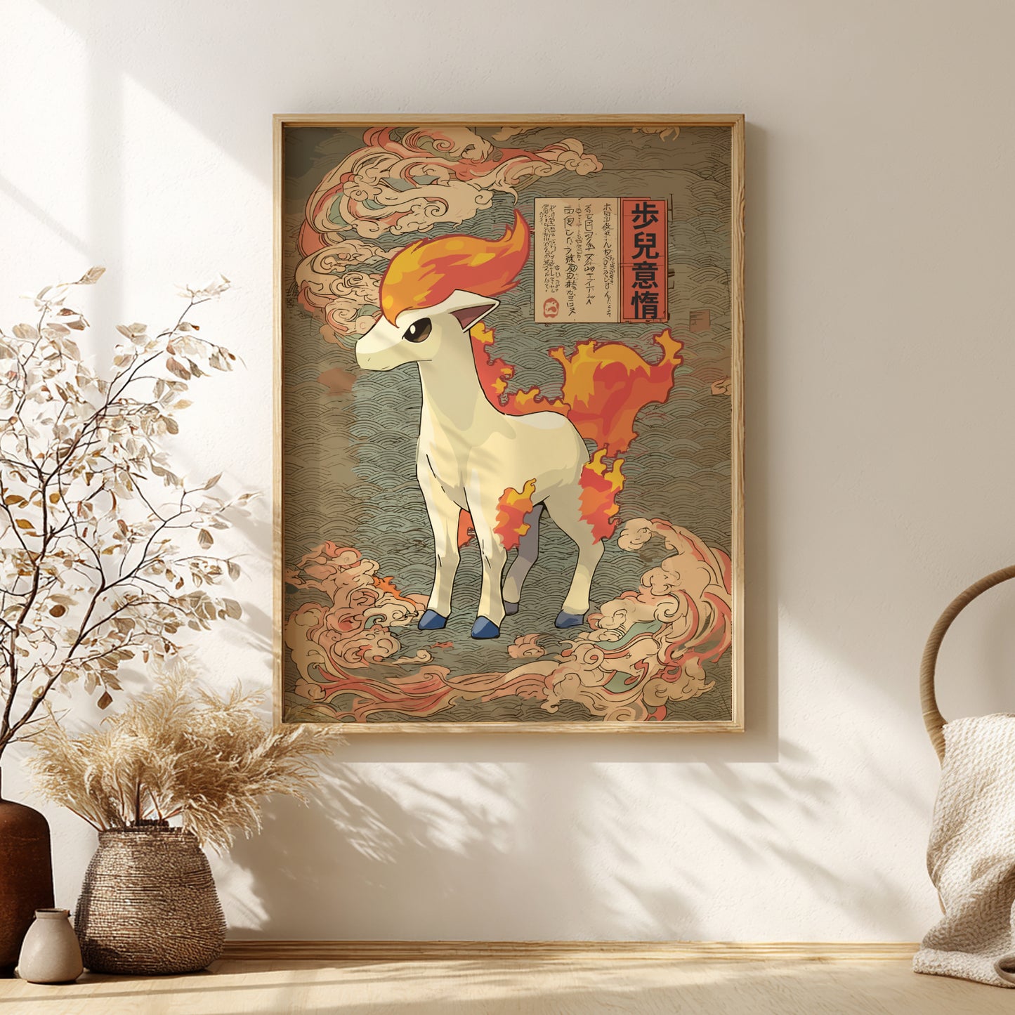 Framed artwork of Ponyta Pokemon on a wall in a room with decor elements.