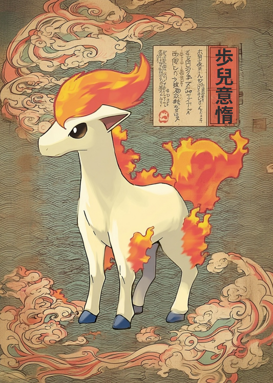 Illustration of Ponyta Pokemon with flames on a textured background