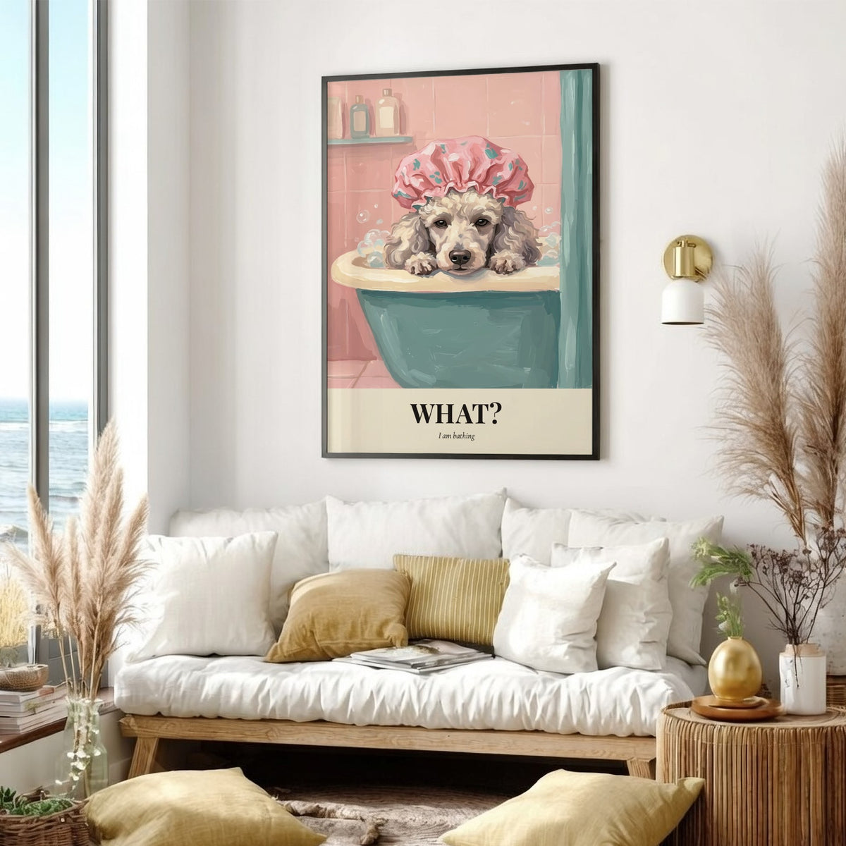 Poster of a poodle in a shower cap sitting inside a blue bathtub.
