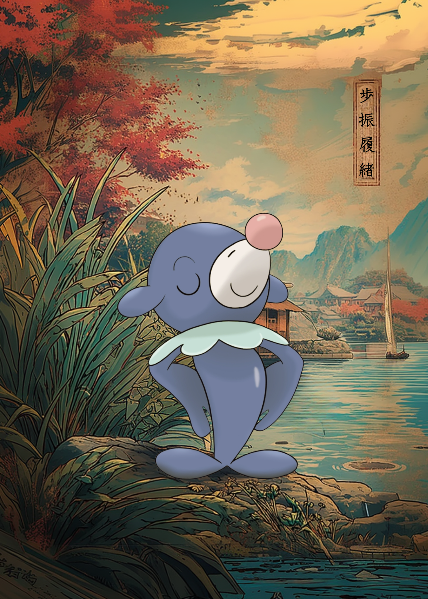 Popplio Pokemon character in a scenic landscape with mountains and water