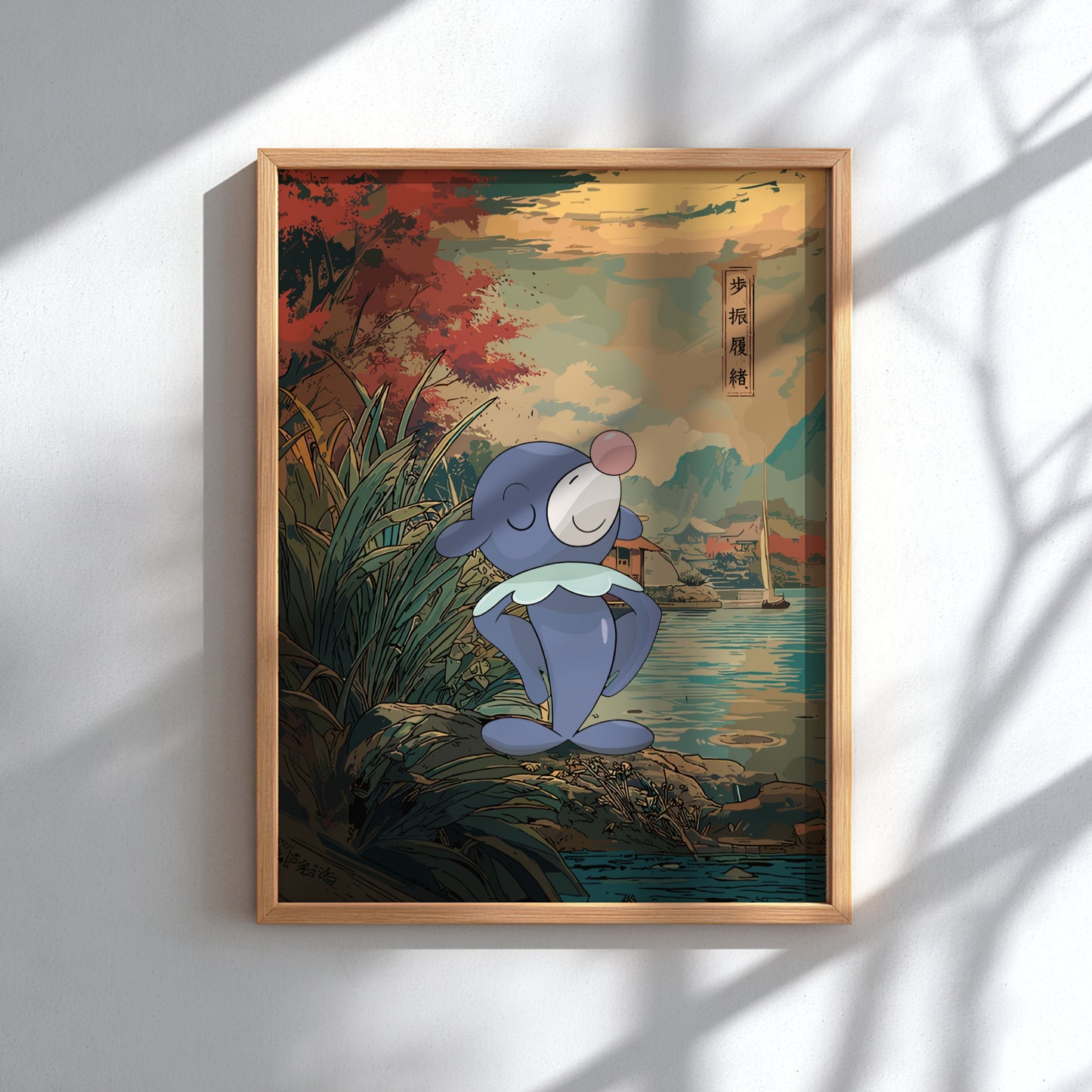 Framed artwork with Popplio Pokemon character by a river and mountains