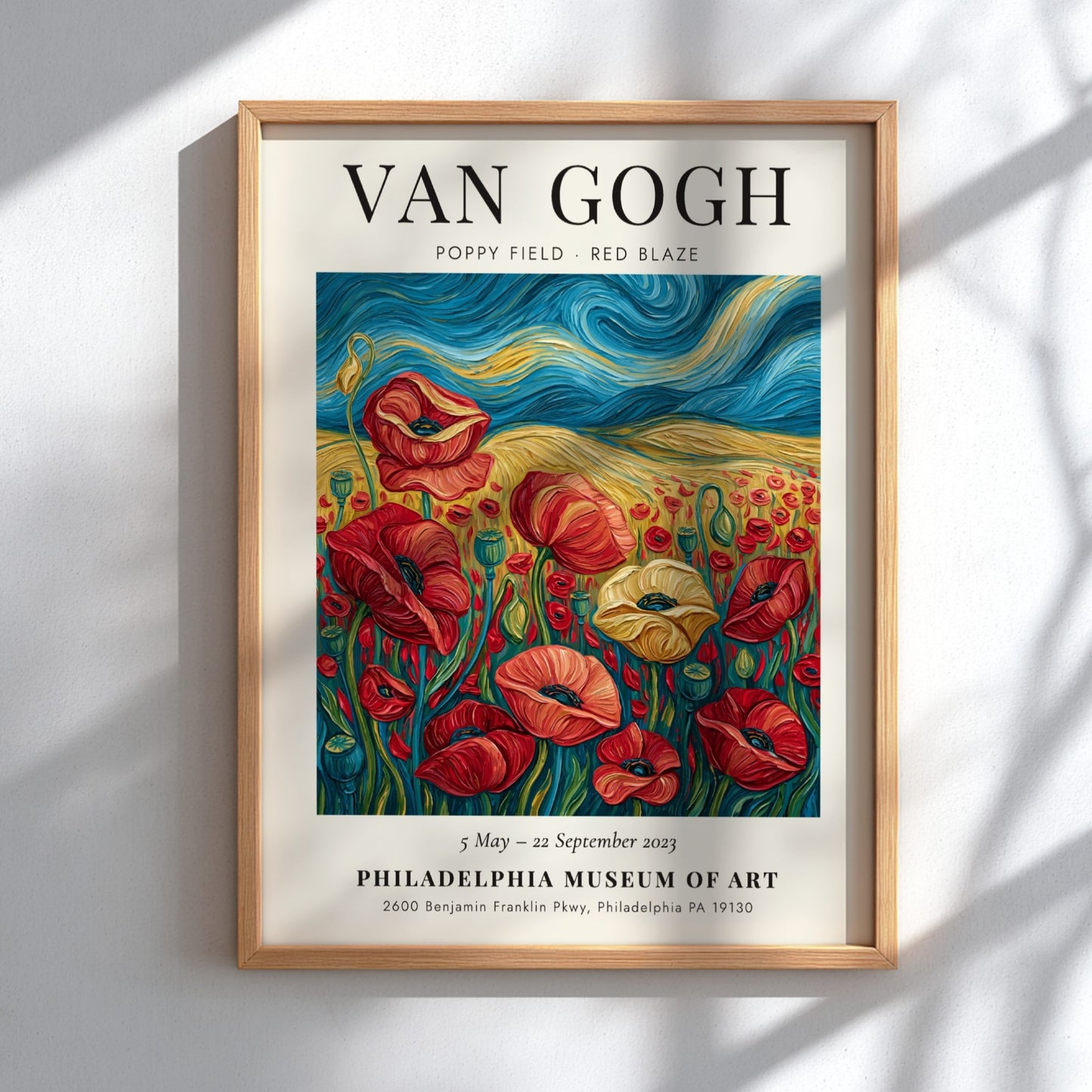 Poppy field poster featuring vibrant red flowers and swirling brush strokes in the style of Van Gogh