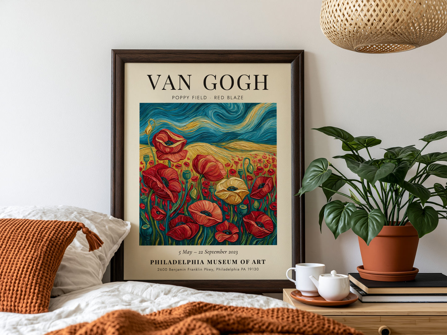 Poppy field poster featuring vibrant red flowers and swirling brush strokes in the style of Van Gogh