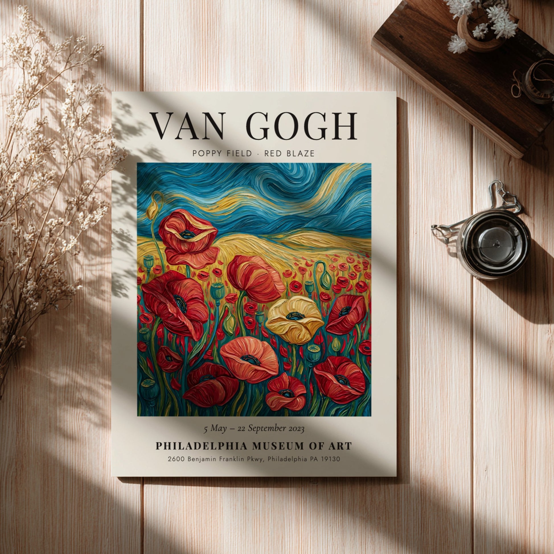 Poppy field poster featuring vibrant red flowers and swirling brush strokes in the style of Van Gogh