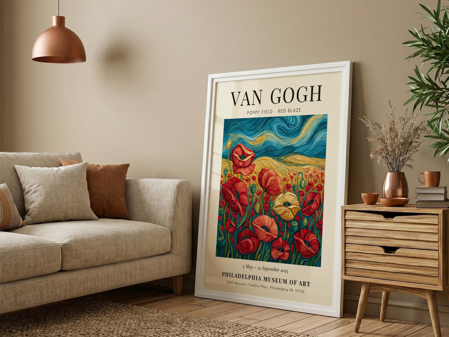 Poppy field poster featuring vibrant red flowers and swirling brush strokes in the style of Van Gogh