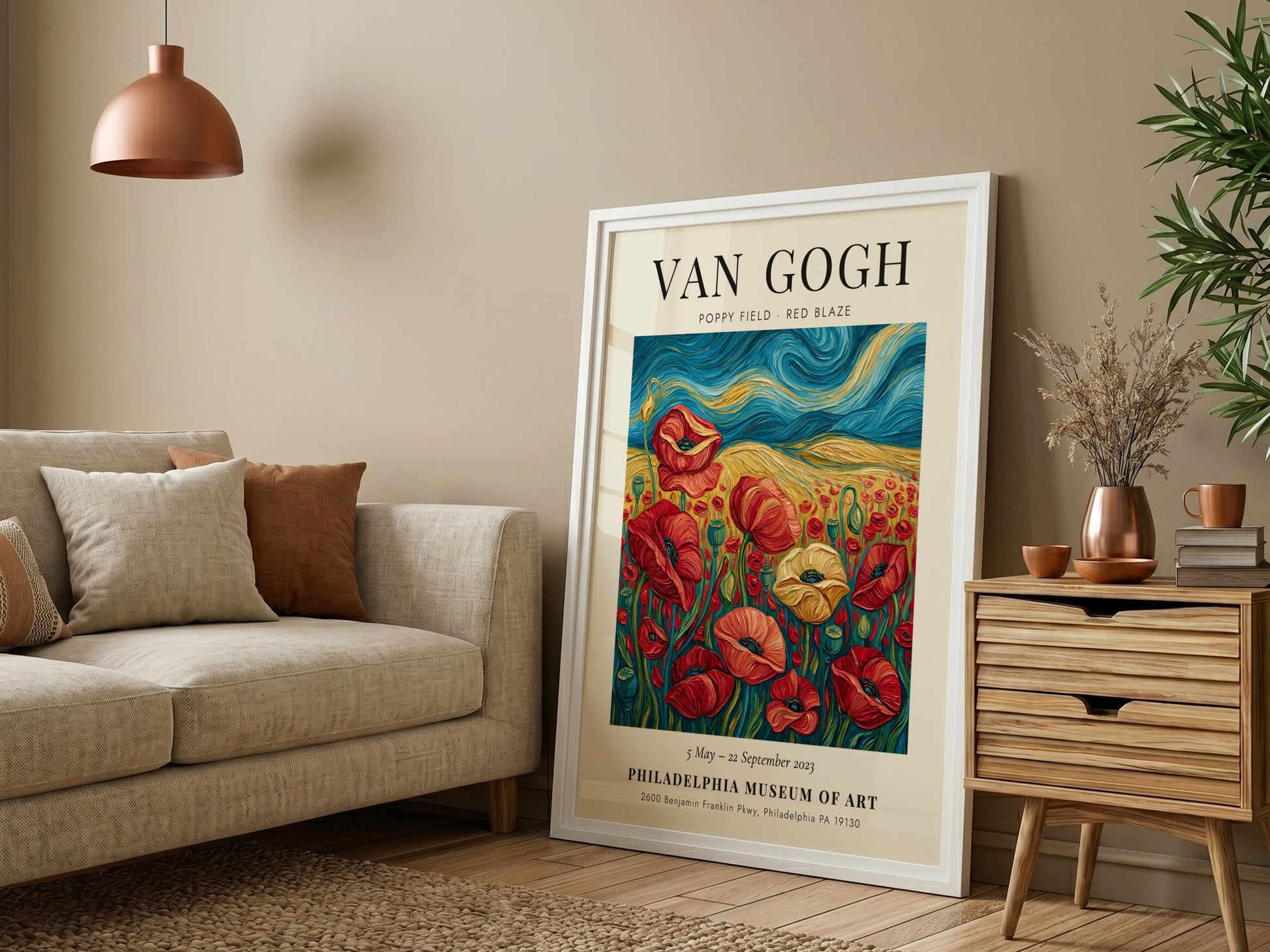 Poppy field poster featuring vibrant red flowers and swirling brush strokes in the style of Van Gogh