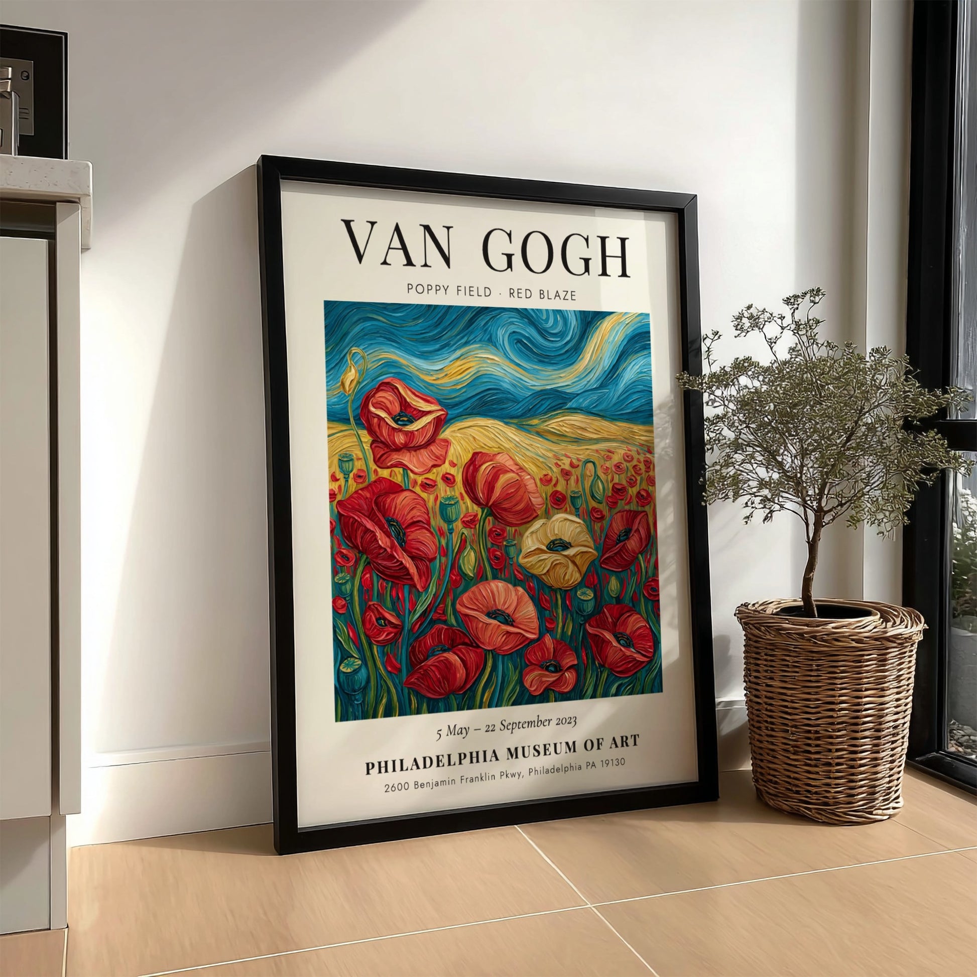 Poppy field poster featuring vibrant red flowers and swirling brush strokes in the style of Van Gogh