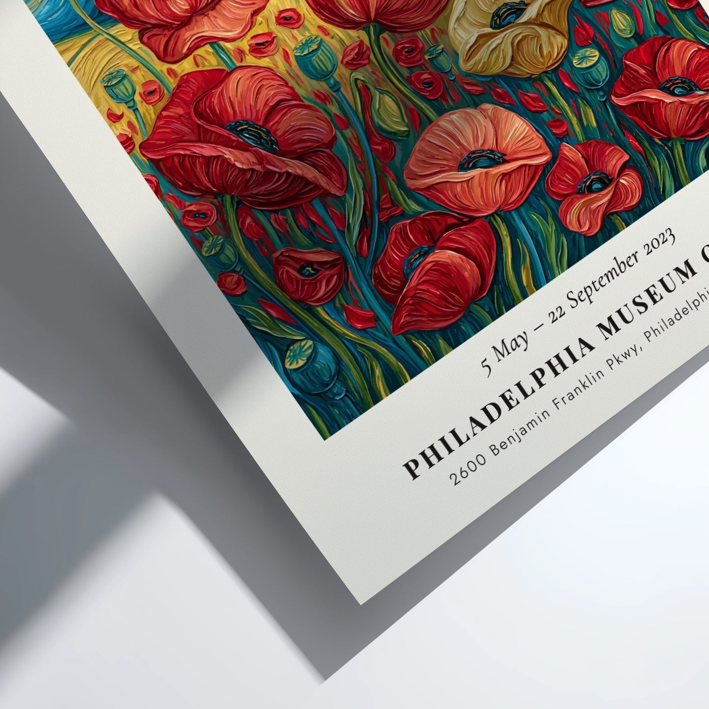 Poppy field poster featuring vibrant red flowers and swirling brush strokes in the style of Van Gogh