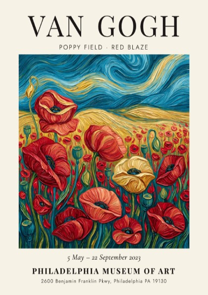 Poppy field poster featuring vibrant red flowers and swirling brush strokes in the style of Van Gogh