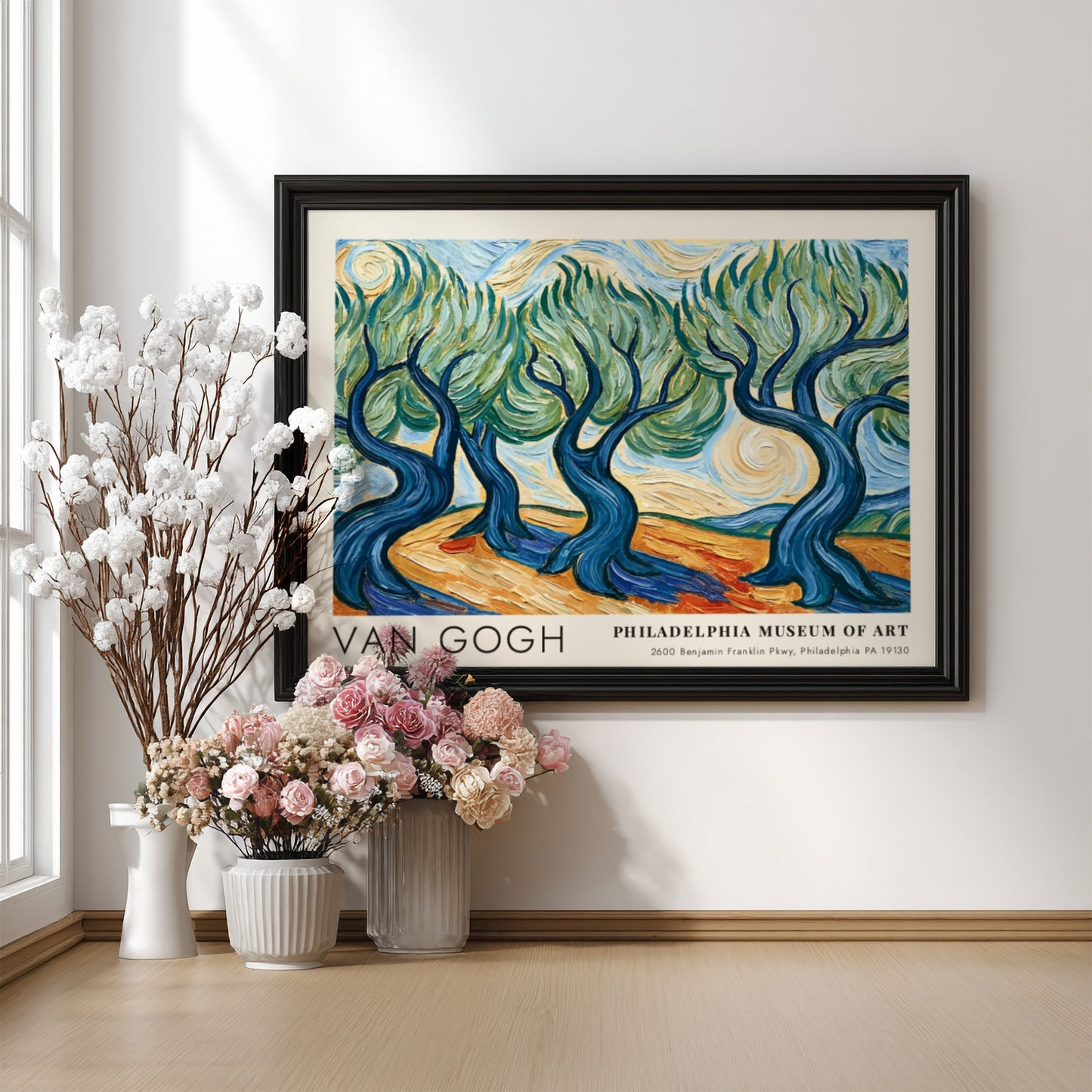 Van Gogh poster featuring a vibrant poppy field landscape with red flowers and swirling brush strokes