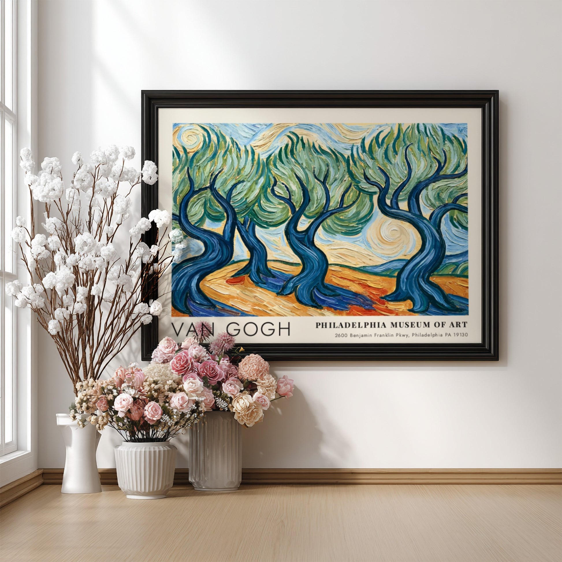 Van Gogh poster featuring a vibrant poppy field landscape with red flowers and swirling brush strokes