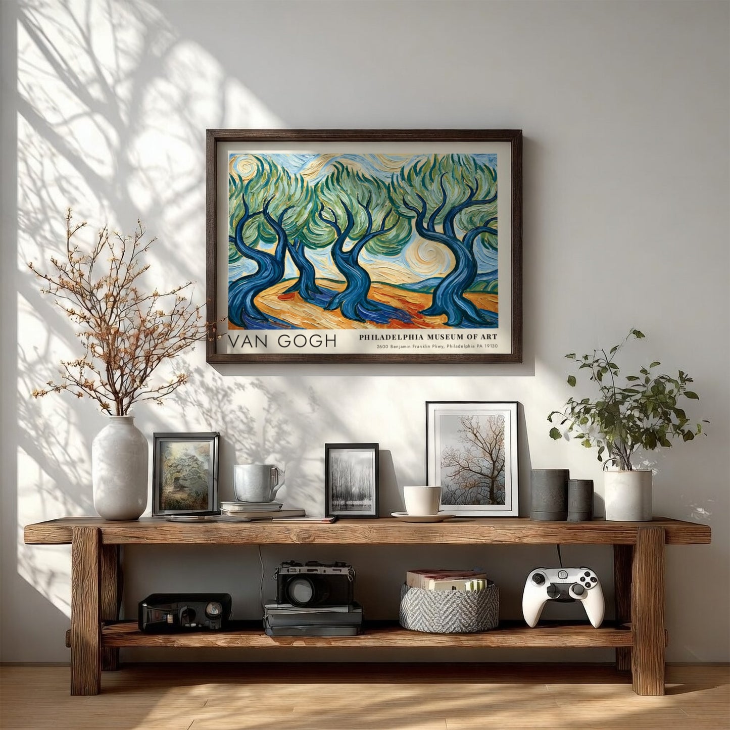 Van Gogh poster featuring a vibrant poppy field landscape with red flowers and swirling brush strokes