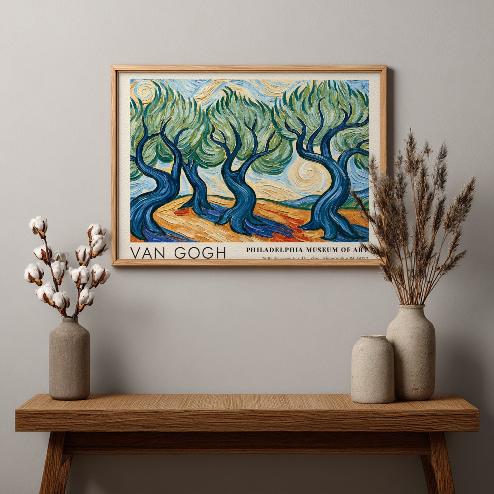 Van Gogh poster featuring a vibrant poppy field landscape with red flowers and swirling brush strokes