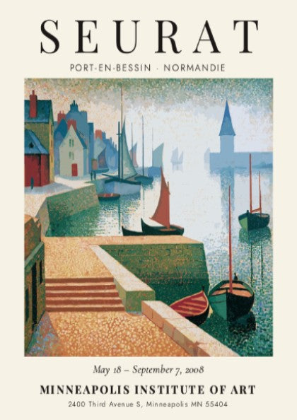 Seurat exhibition poster featuring Port-en-Bessin coastal scene with soft pastel colors and charming houses