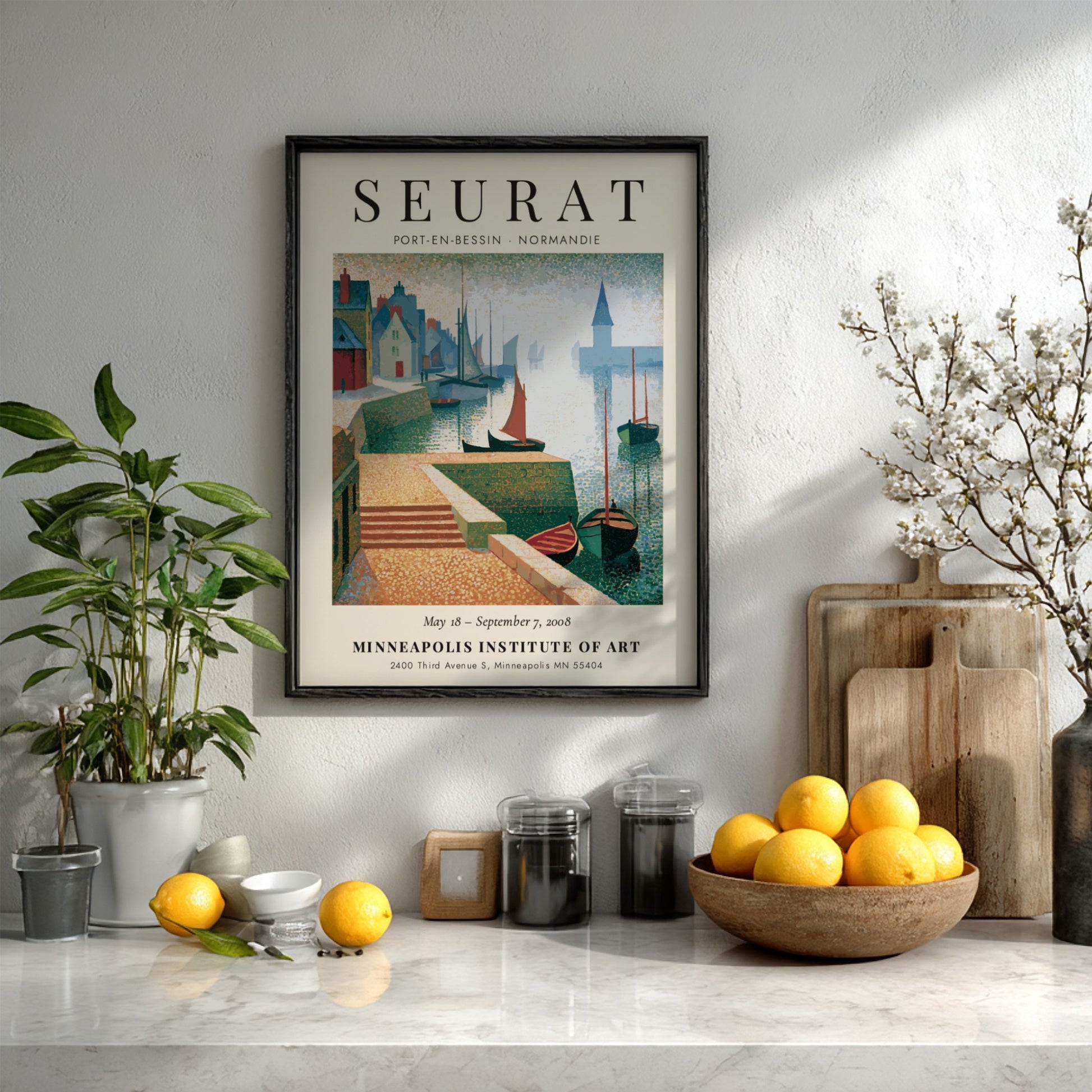 Seurat exhibition poster featuring Port-en-Bessin coastal scene with soft pastel colors and charming houses
