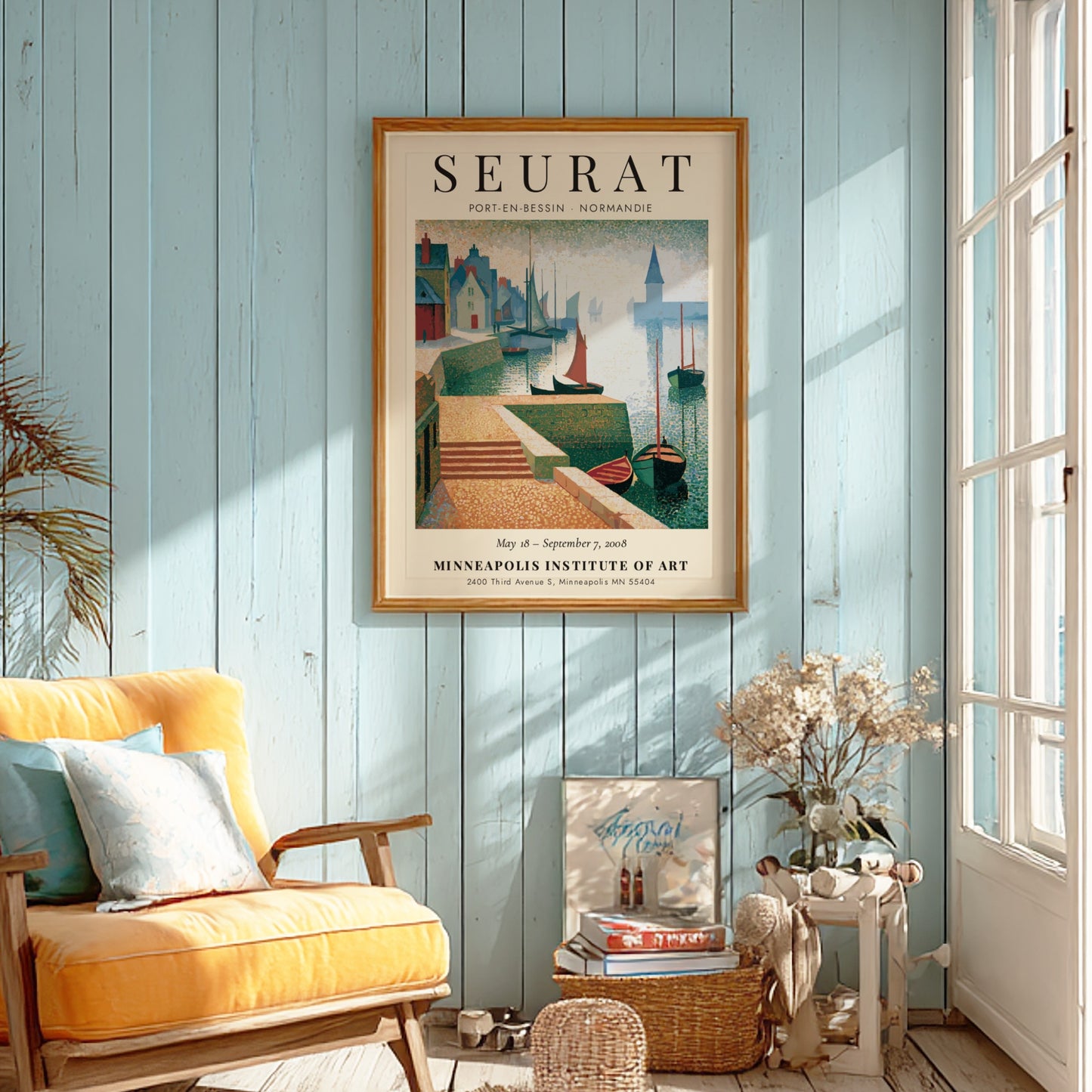 Seurat exhibition poster featuring Port-en-Bessin coastal scene with soft pastel colors and charming houses