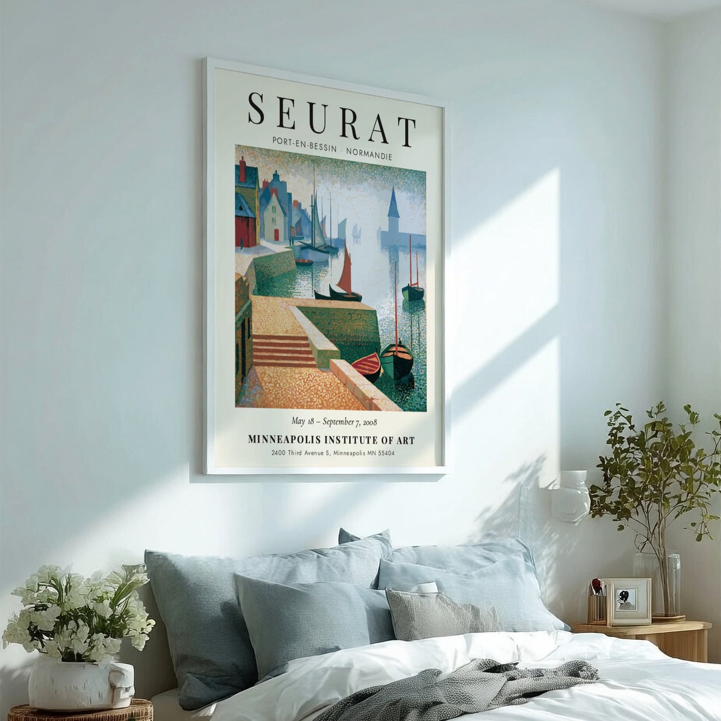 Seurat exhibition poster featuring Port-en-Bessin coastal scene with soft pastel colors and charming houses