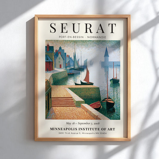 Seurat exhibition poster featuring Port-en-Bessin coastal scene with soft pastel colors and charming houses