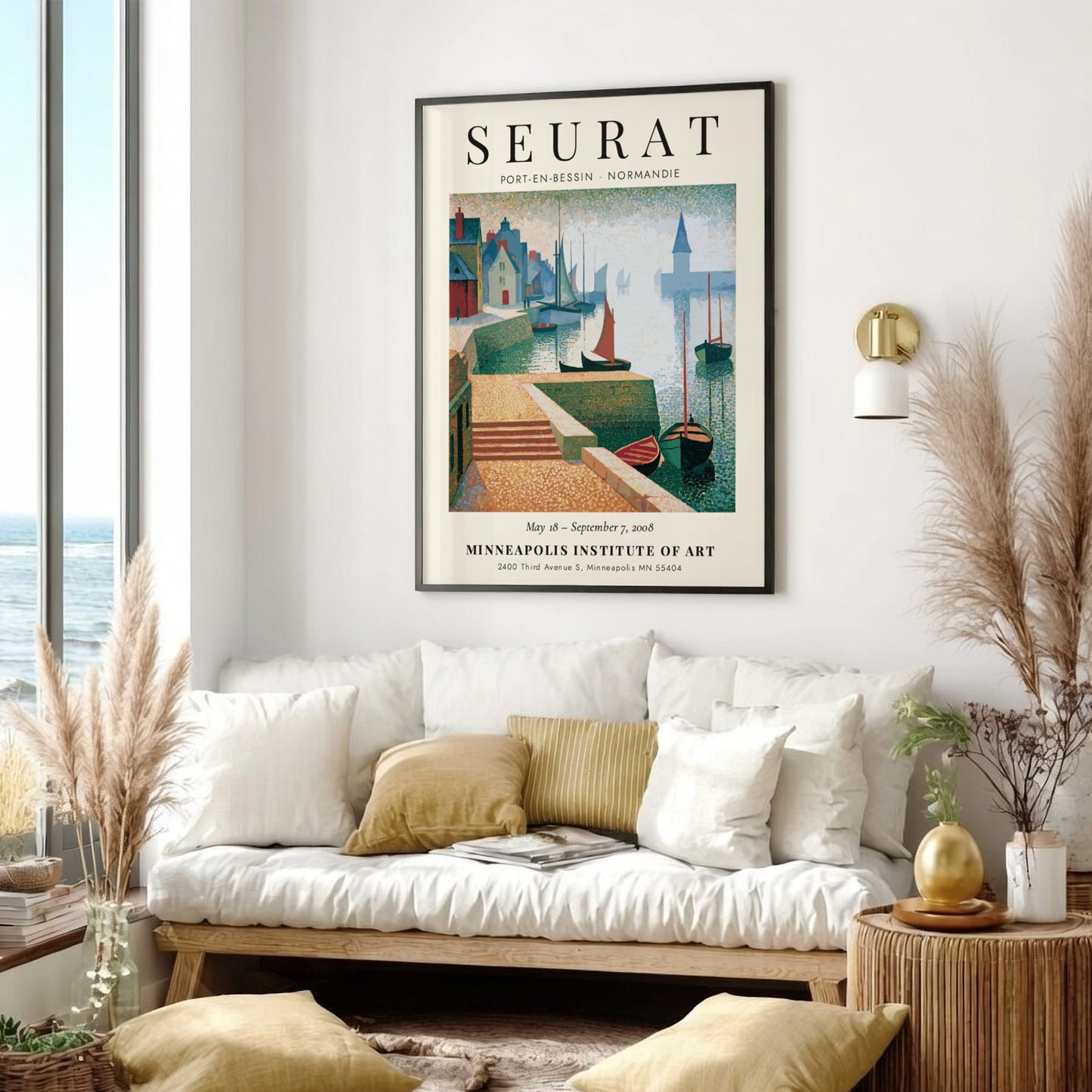 Seurat exhibition poster featuring Port-en-Bessin coastal scene with soft pastel colors and charming houses