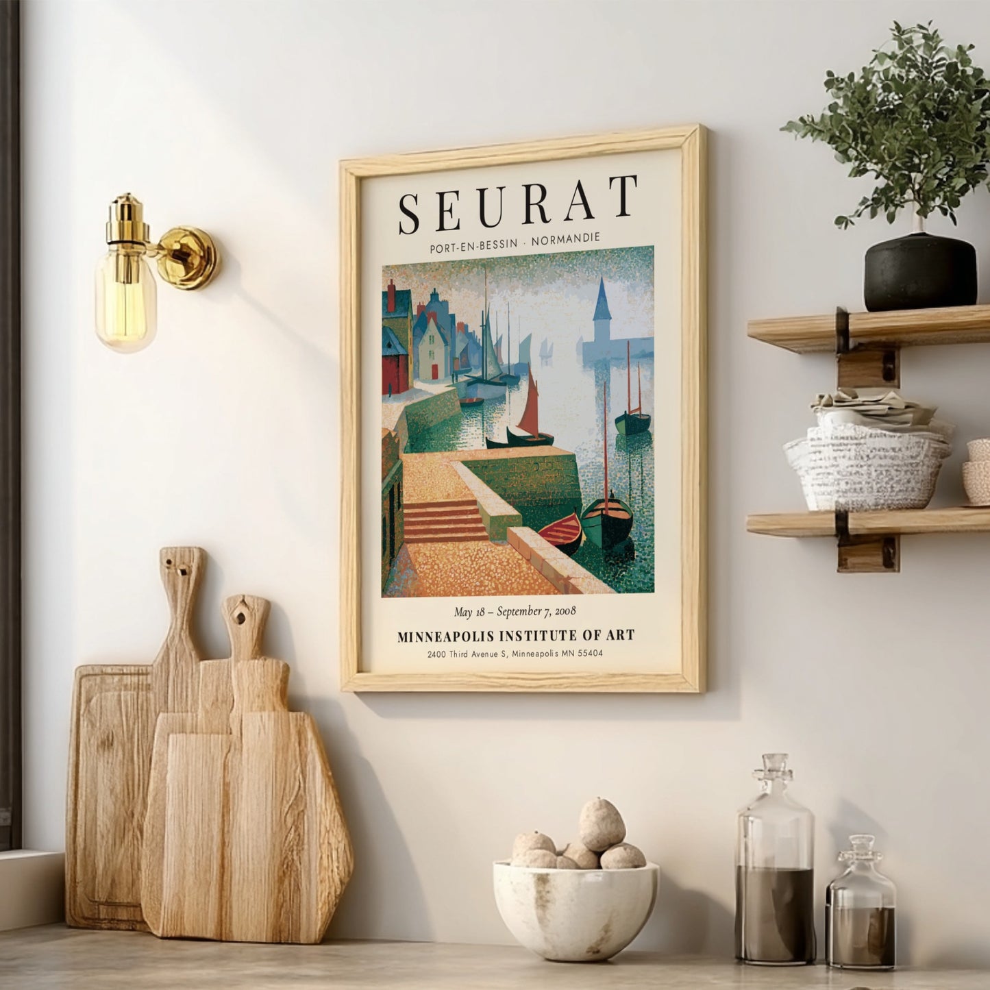 Seurat exhibition poster featuring Port-en-Bessin coastal scene with soft pastel colors and charming houses