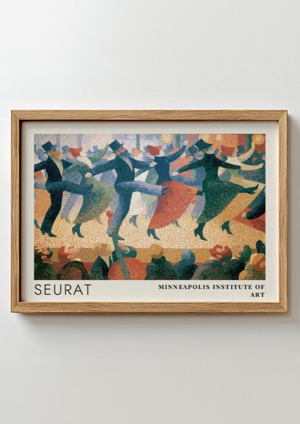 Wall art poster featuring Seurat pointillist dancers in blue and red tones framed